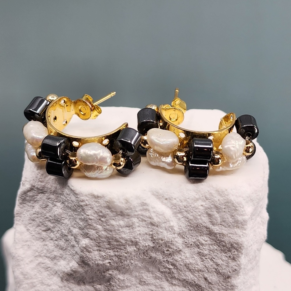Gold Tone Hoop Earrings Baroque Pearl Black Bead Cluster Statement Pierced Pair